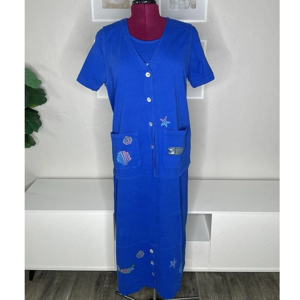 Focus Maxi‎ Dress Vest Set Women Large Blue Cotton Coastal Fish Shell Vintage